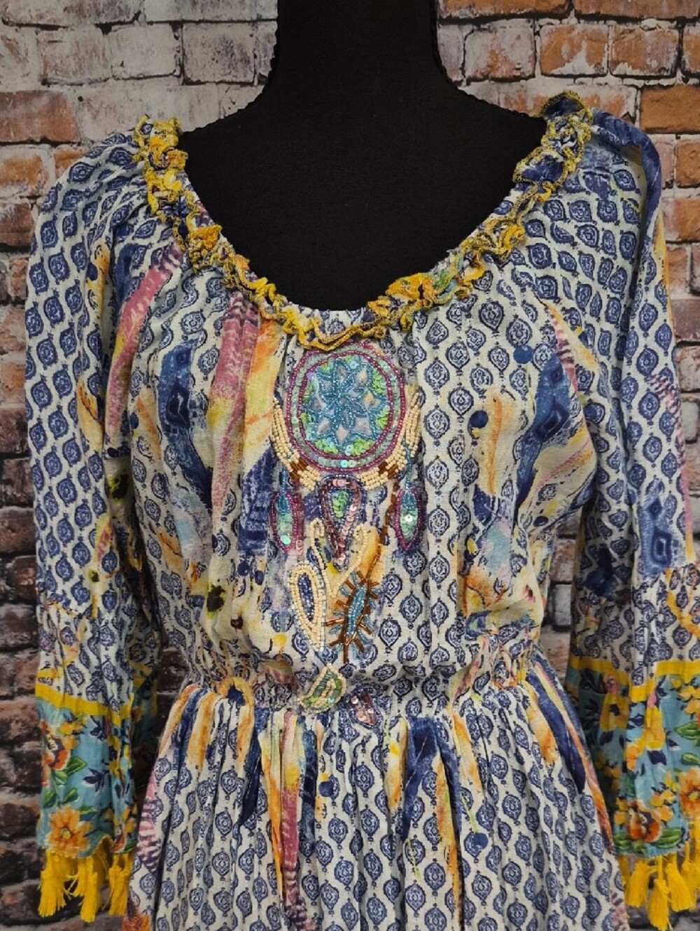 Antica Sortoria Embroidered Floral Long-Sleeve Tassel Dress in Blue and Yellow - Picture 4 of 12